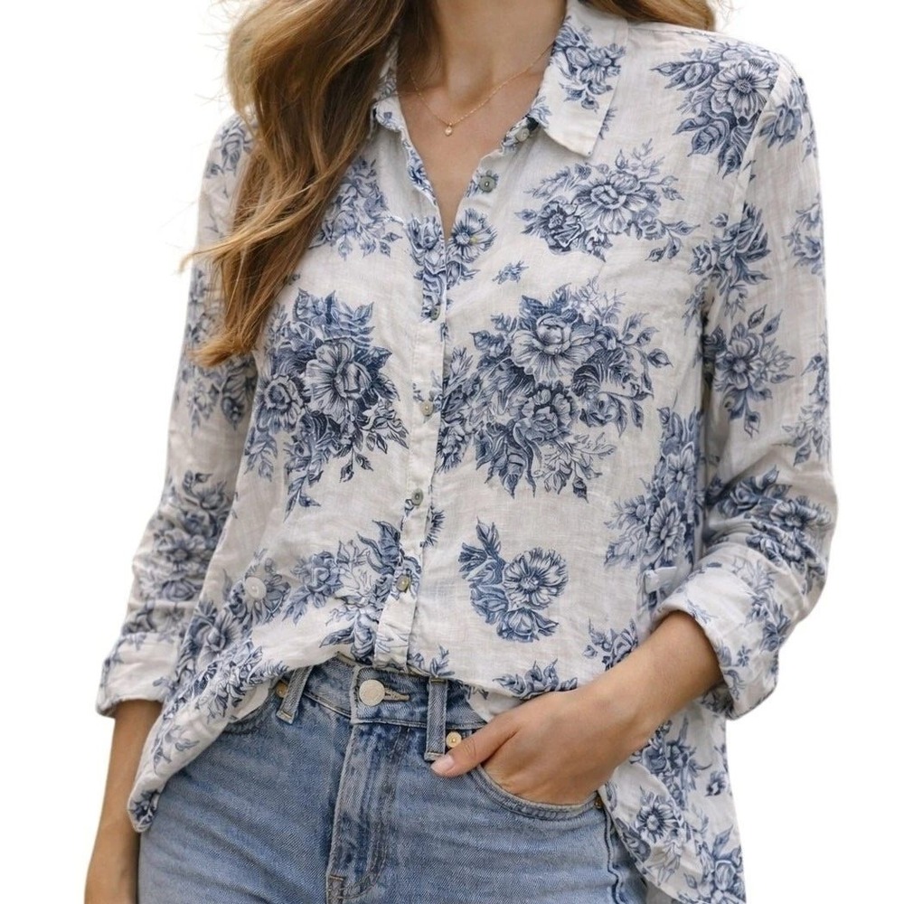 Rachel Zoe Linen Floral Button Down Shirt Womens M White Blue Toile Cottagecore